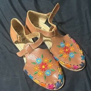 Brown Floral Embroidered Flats (huaraches)
